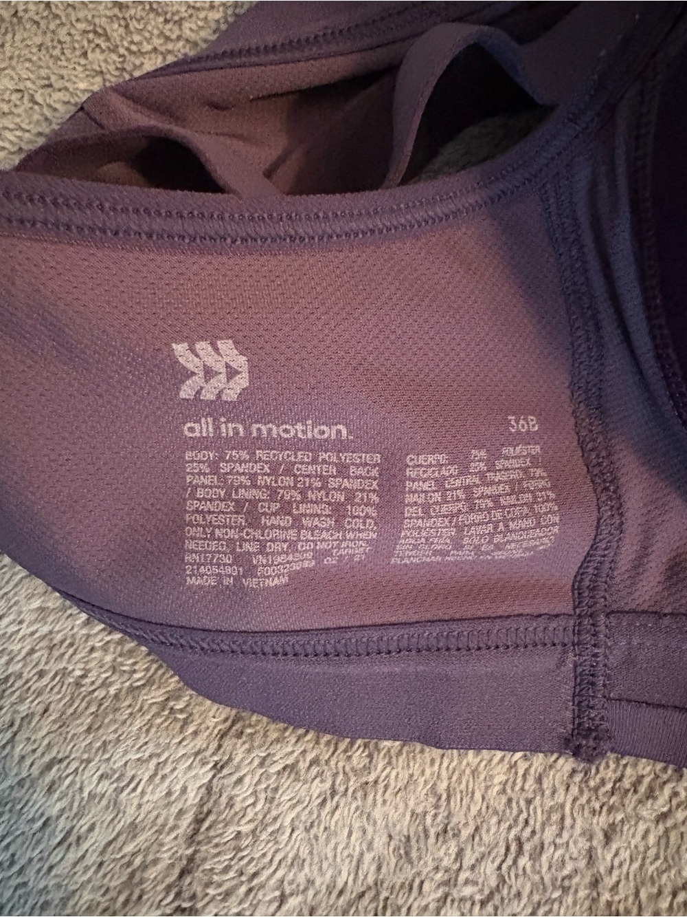All In Motion Purple Sports Bra 36B Front Zipper Adjustable Straps Padded - Picture 9 of 9